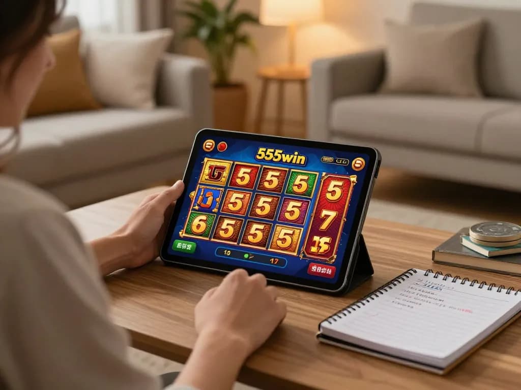 Engaging in 555win online gaming on a tablet in a cozy home environment.