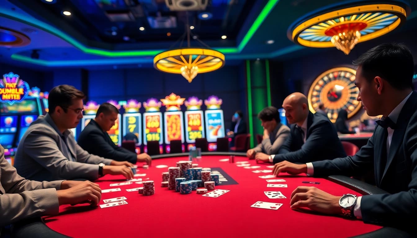 Players enjoy a thrilling poker game at jun888 casino, surrounded by dazzling slot machines.