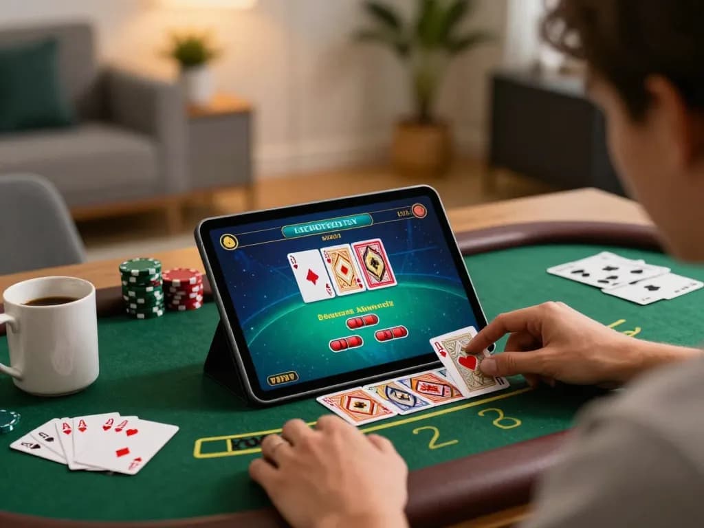 Player enjoying tt88 nohu on tablet during live blackjack session, showcasing home gaming vibe