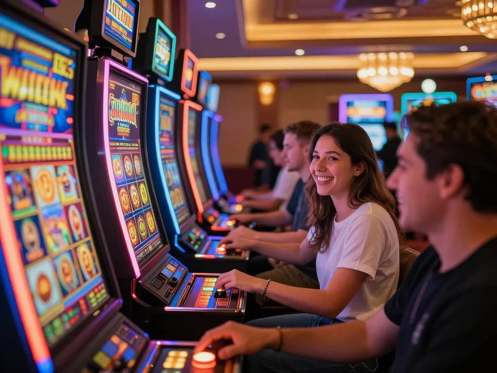 Players enjoying kerajaanslot games at vibrant casino, celebrating big wins with excitement.