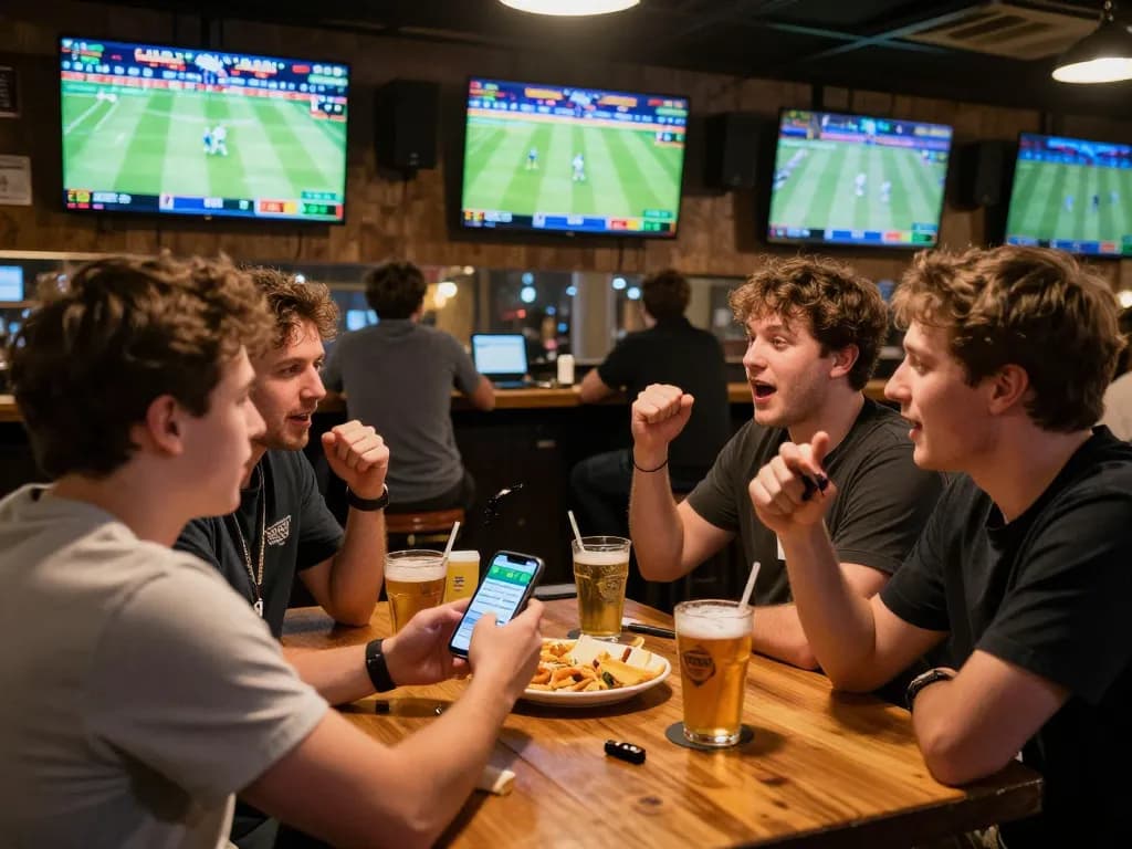 Teman-teman terlibat dalam taruhan mix parley di bar olahraga yang ramai, menganalisis odds di layar, menikmati camilan.