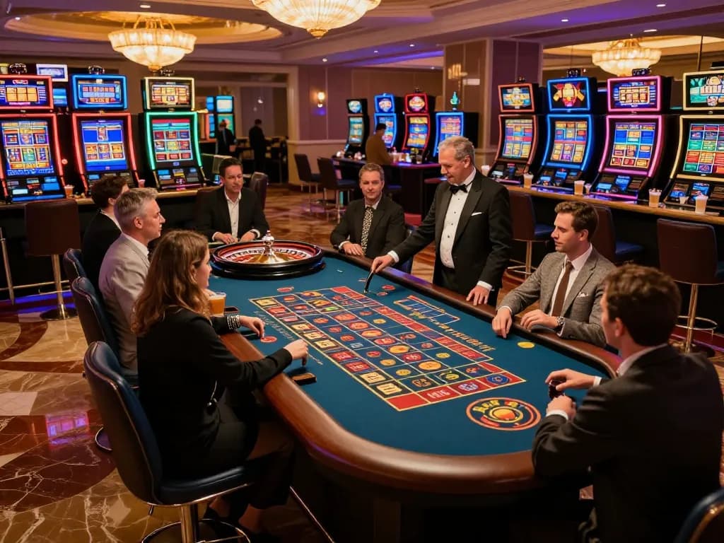 Engaging players at a roulette table in a vibrant casino, showcasing excitement and strategic betting at kdslot.