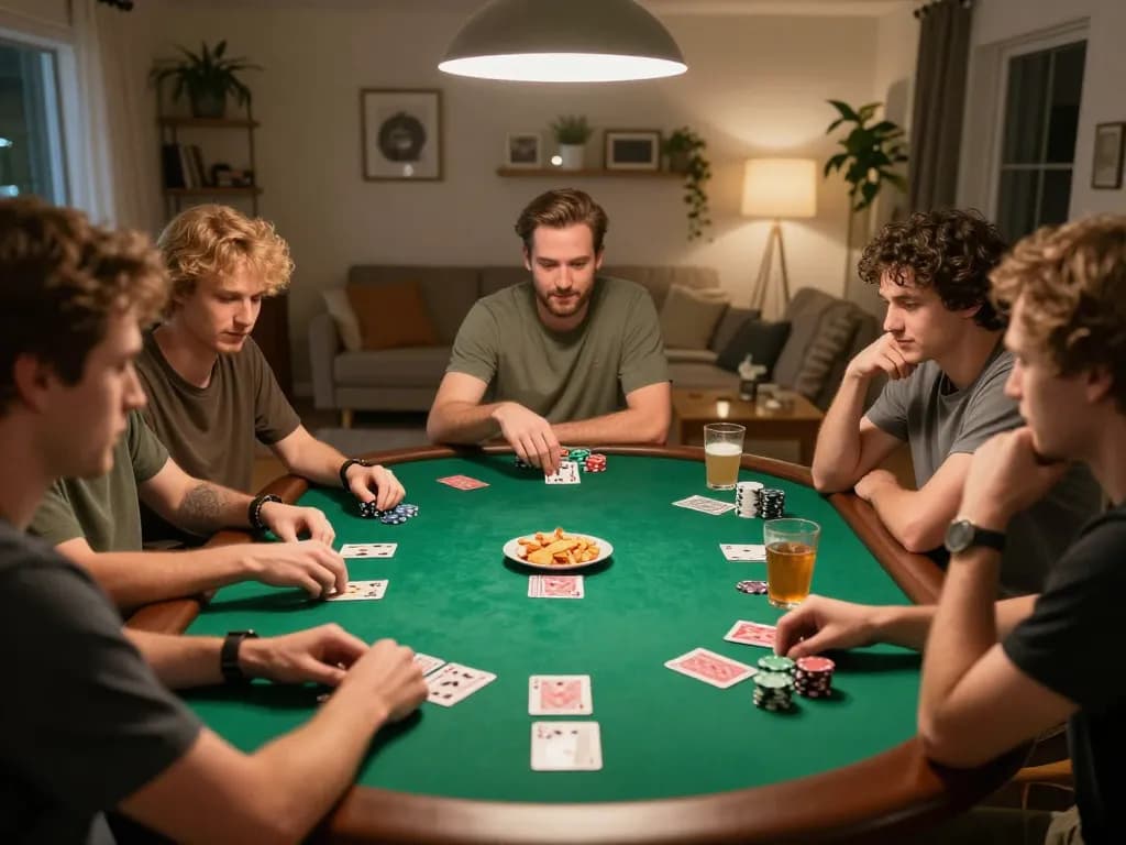 Friends enjoying a home poker night with cards and chips, capturing the excitement of https://mk8th.net/ in a cozy environment.