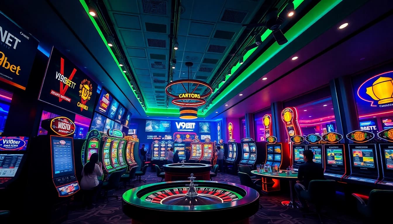 Dynamic gaming view of V9bet casino, with players enjoying diverse options in a vibrant setting.