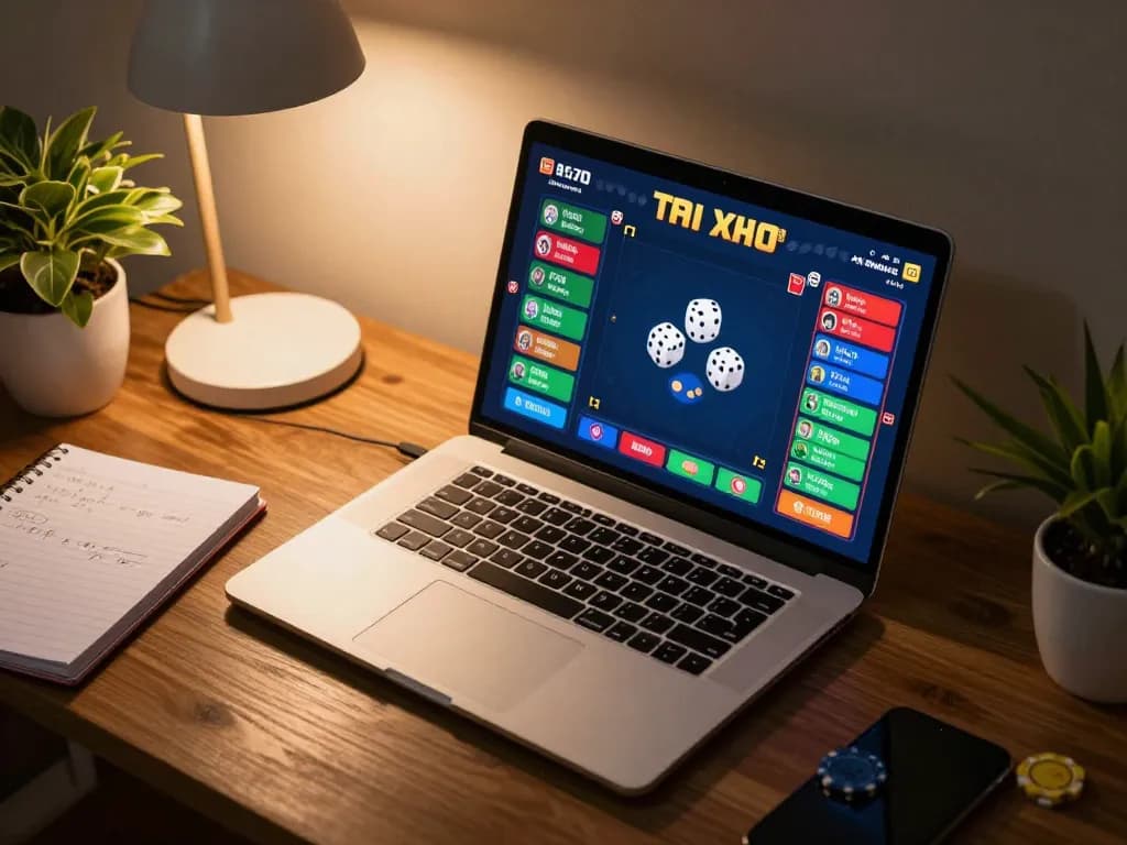 Engaging in tai xiu online gameplay with vibrant visuals on laptop screen and strategic notes visible.