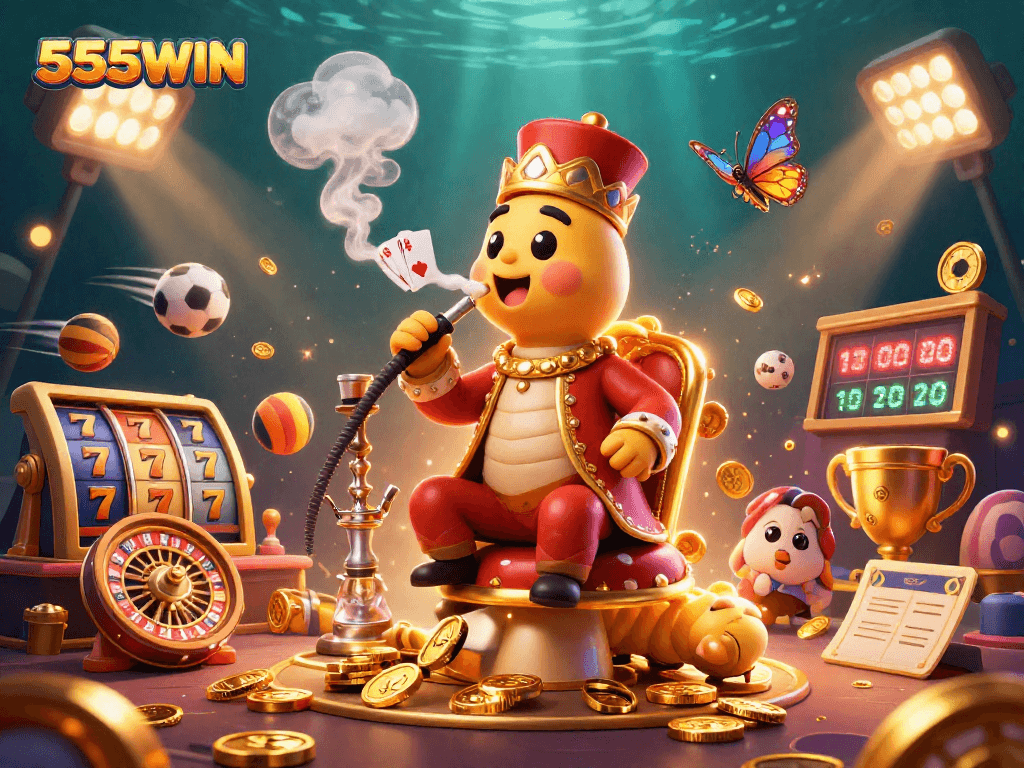 Engaging 555WIN scene with a caterpillar hookah-master and dynamic casino elements