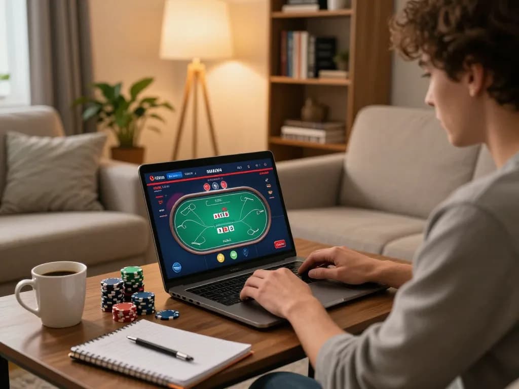 Player accessing cm88 online poker game on laptop at home with betting notes and cozy ambiance.