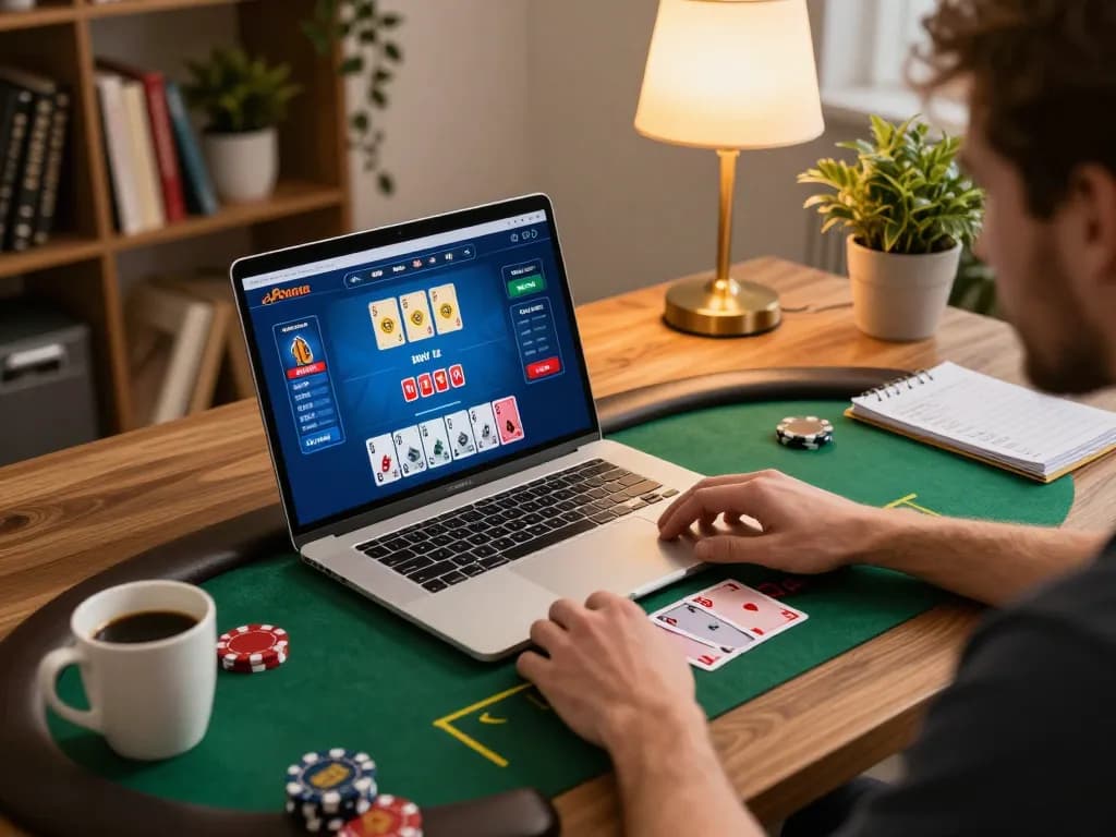 Player engaged in LV88 online poker game with betting notes, showcasing strategy and thrill