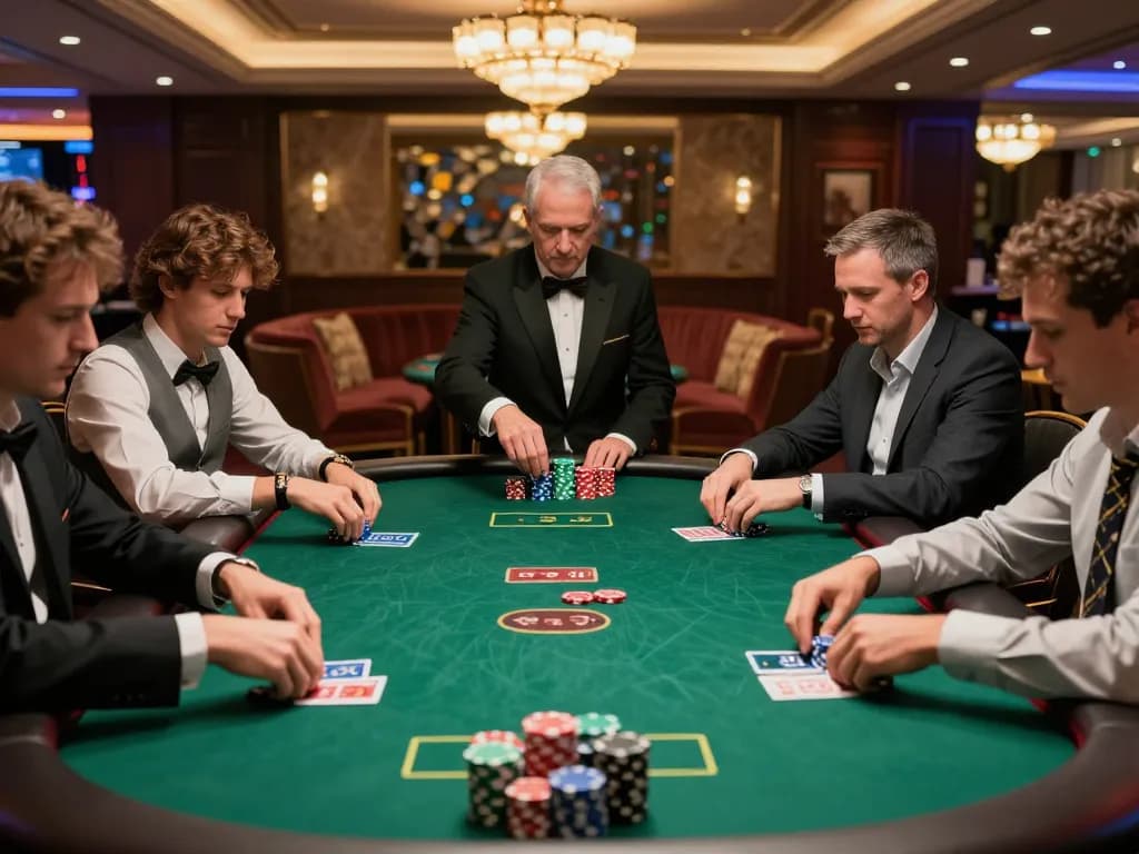 Engaged players in VT88 poker game at upscale casino showcasing intense gameplay with vibrant chips
