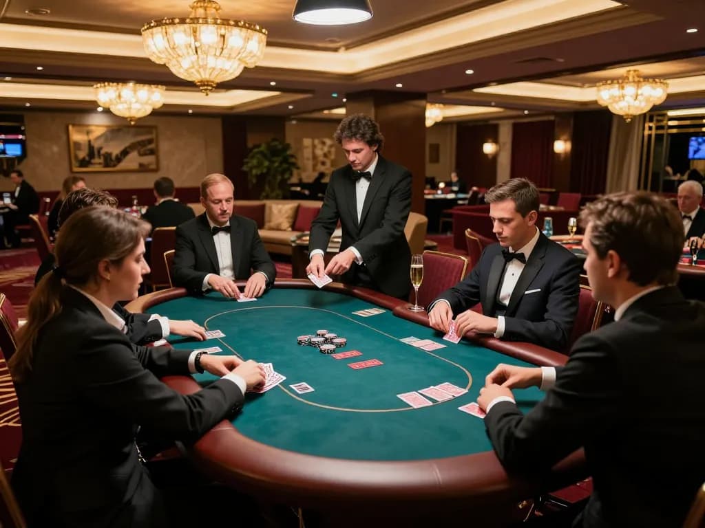 TOPBET players engaged in intense poker gameplay in luxurious VIP area, emphasizing high-stakes strategy.