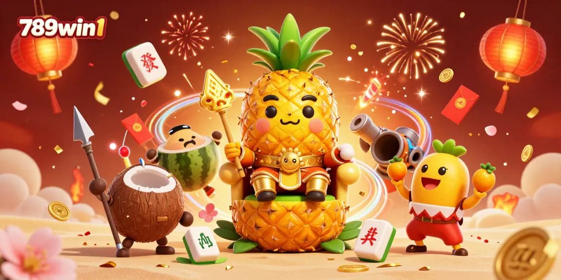 Engage with 789win1's vibrant online casino experience alongside fun characters in a festive scene!
