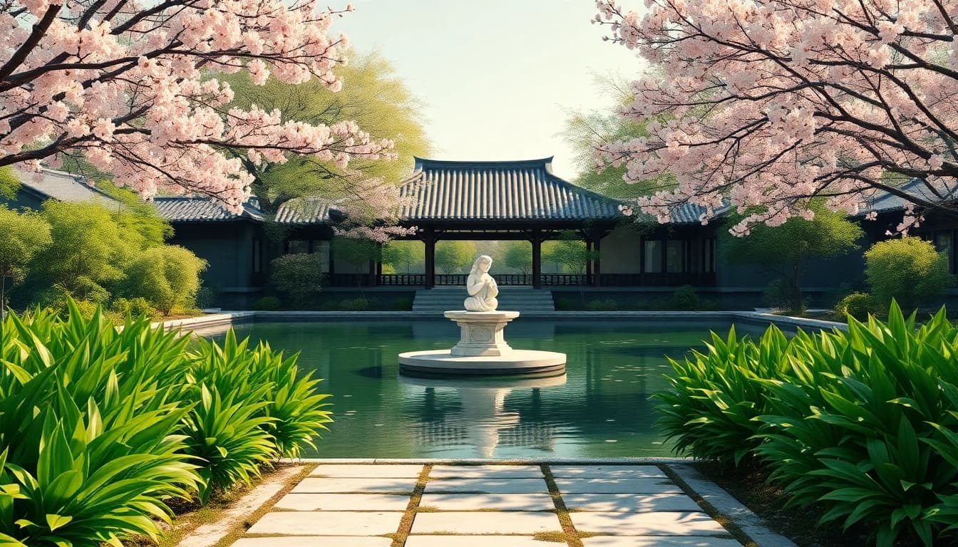 在池塘中優雅的優塔及寧靜的傳統中國花園景觀