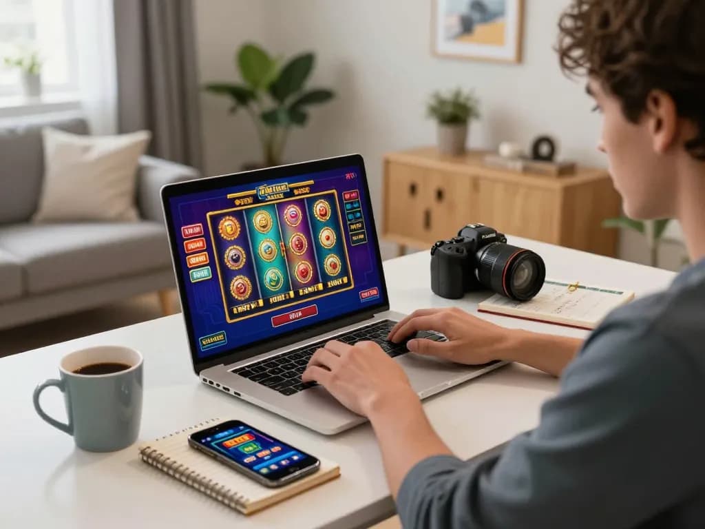 Engaged player enjoying slots on 9bet online casino from a cozy home setup, emphasizing immersive gaming.