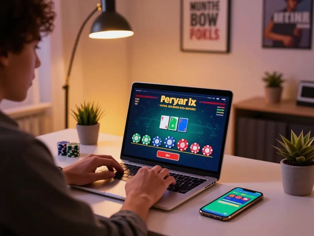 Engaging in a strategic blackjack game online at home showcasing tx88 gameplay on laptop with chips