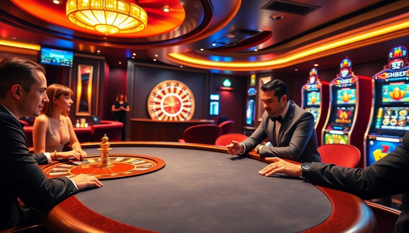 Experience SHBET excitement with players at a luxurious casino, vibrant gaming interfaces, and thrilling atmosphere.