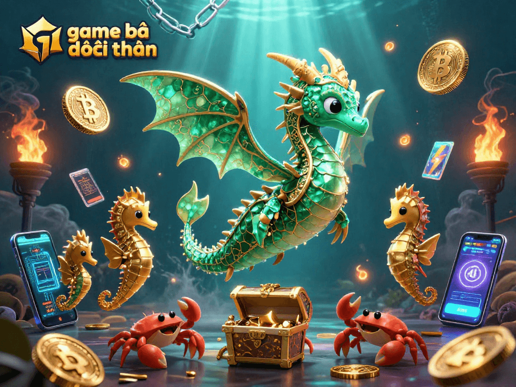 Experience game bài đổi thưởng with an enchanting underwater scene featuring glittering treasures and cryptographic elements.