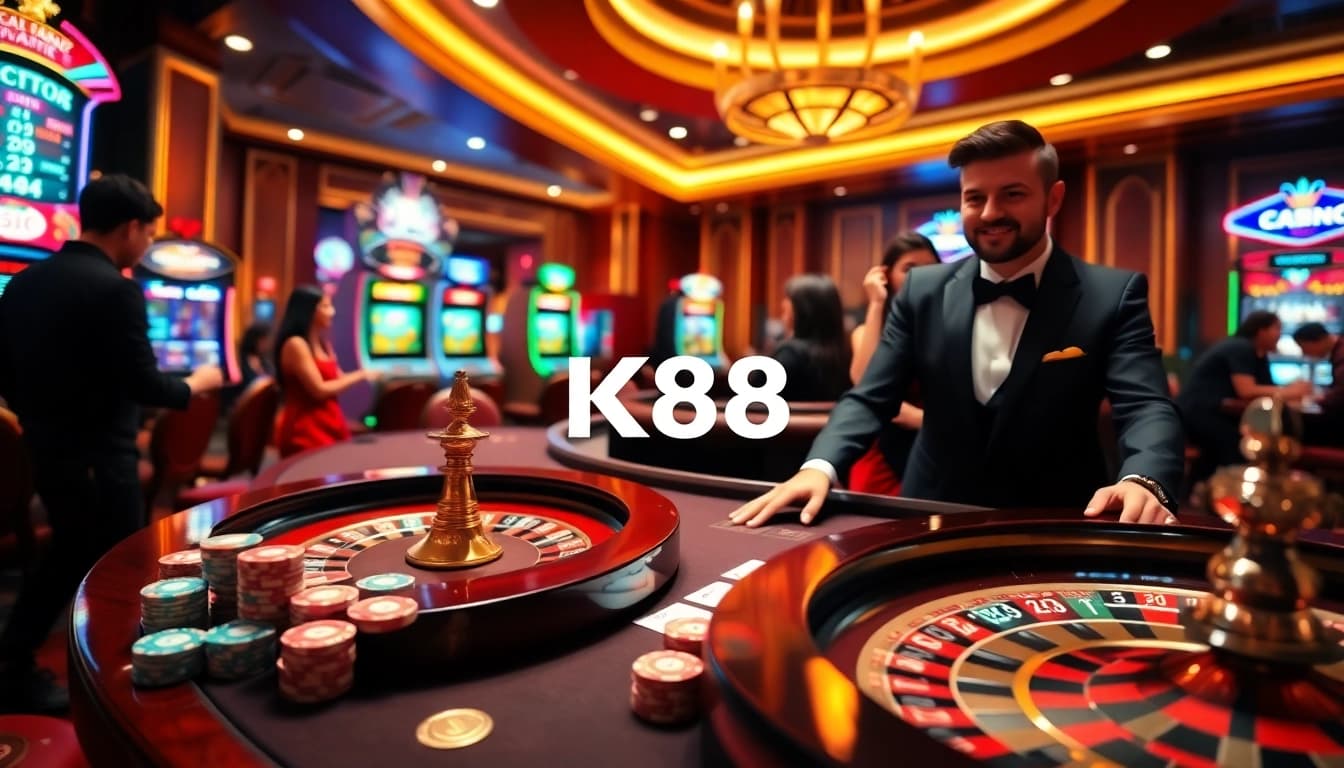 K88 Casino featuring stylish dealer at a vibrant gaming table with roulette and cards.