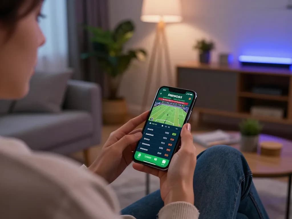 Person placing bets using may88 sports betting app on smartphone in cozy living room