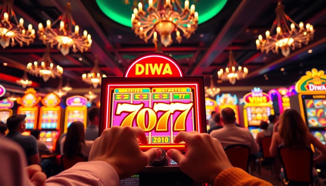 Engaged players enjoying the Diwa 777 slot machine at a lively casino.