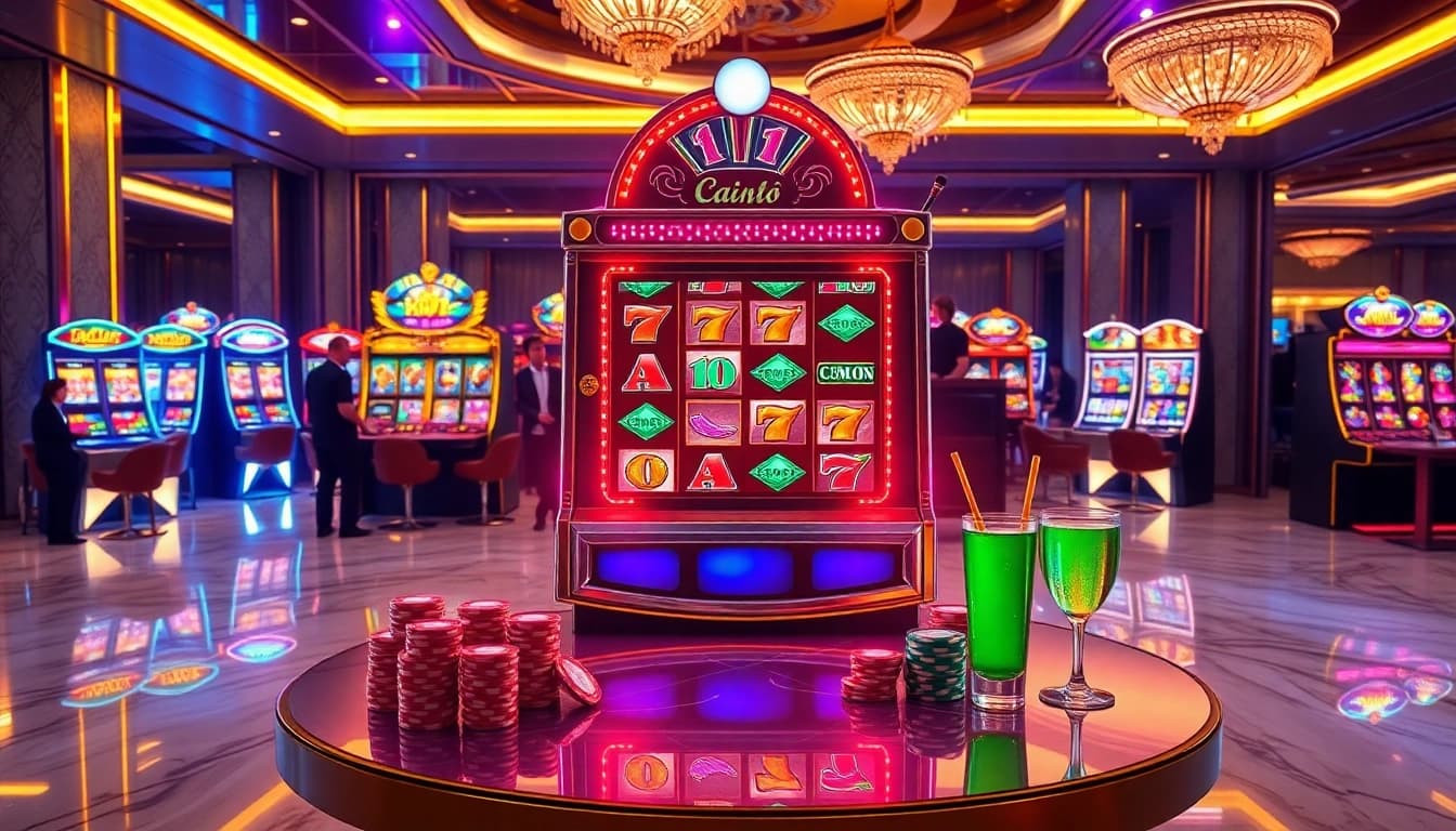 Pemain meraih kemenangan besar di mesin slot88 yang cerah di suasana kasino yang mewah.