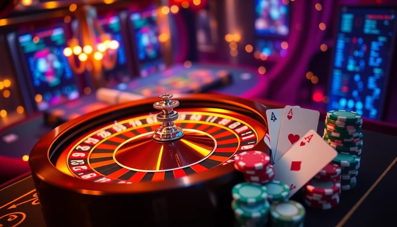 Experience lô đề uy tín with vibrant online gambling visuals featuring roulette and poker games.