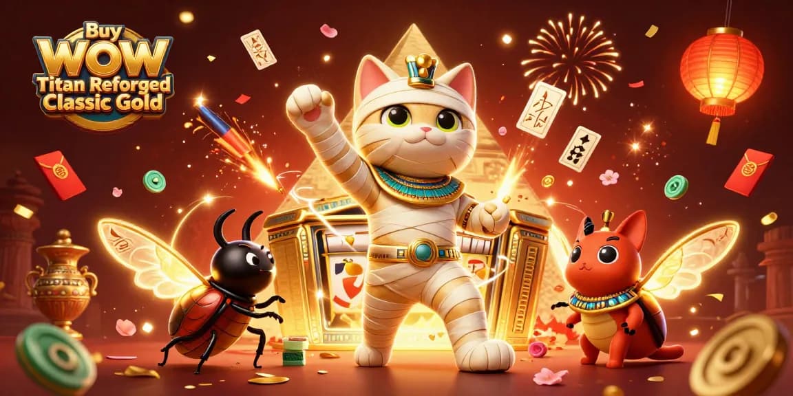 Buy WoW Titan Reforged Classic Gold in a vibrant casino scene featuring a mummy cat and slot symbols.