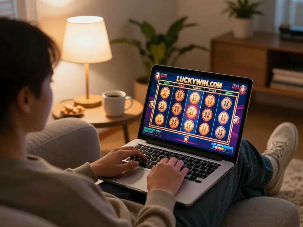 Engaging in online gambling on LUCKYWIN.COM while relaxing at home with a laptop and snacks.