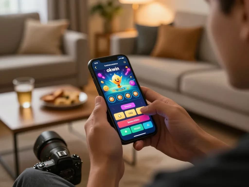 Engaging player exploring okwin game app on smartphone in cozy home setting