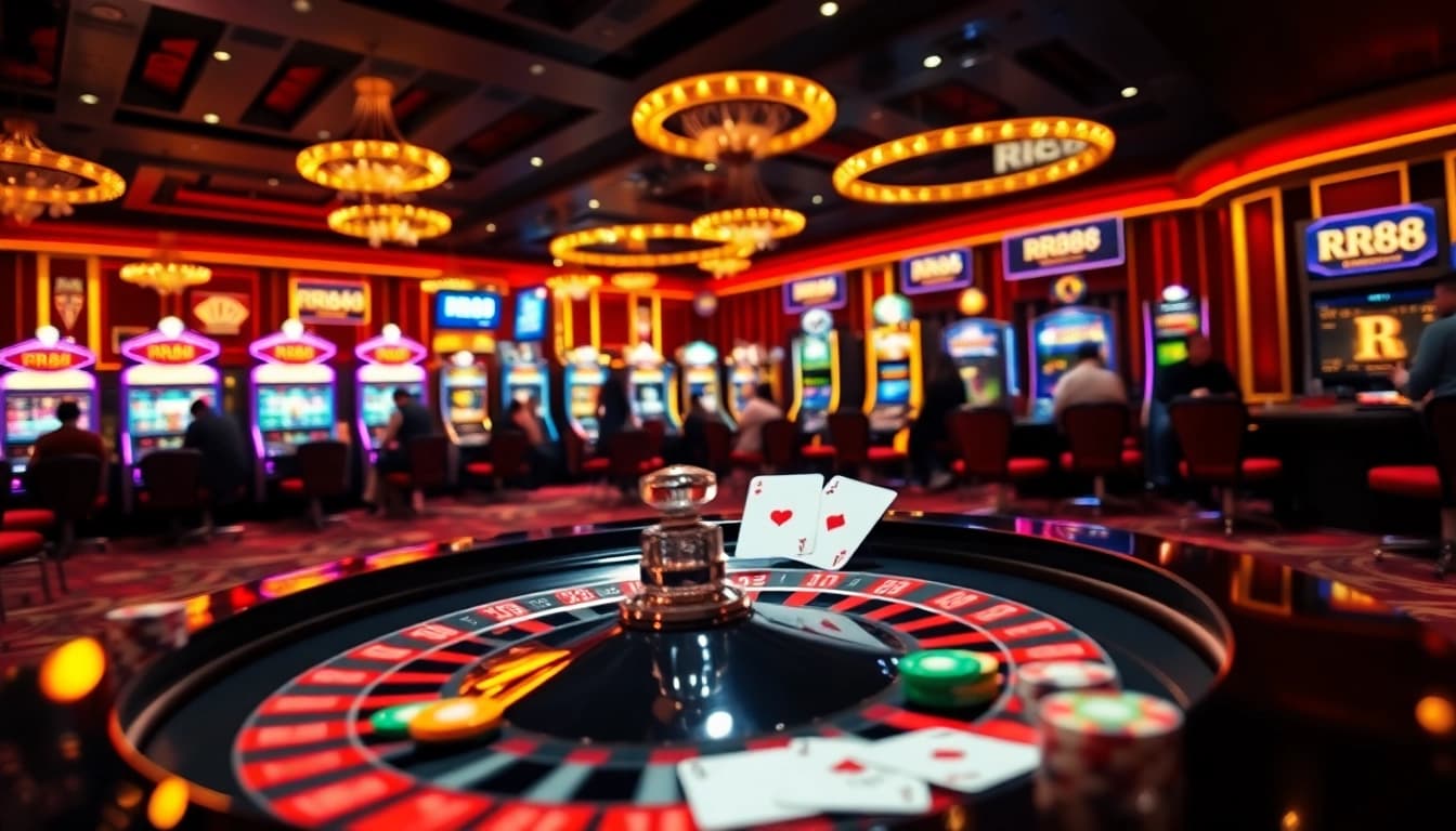 Experience the thrill of gambling at RR88 with a luxurious casino atmosphere featuring roulette and poker.