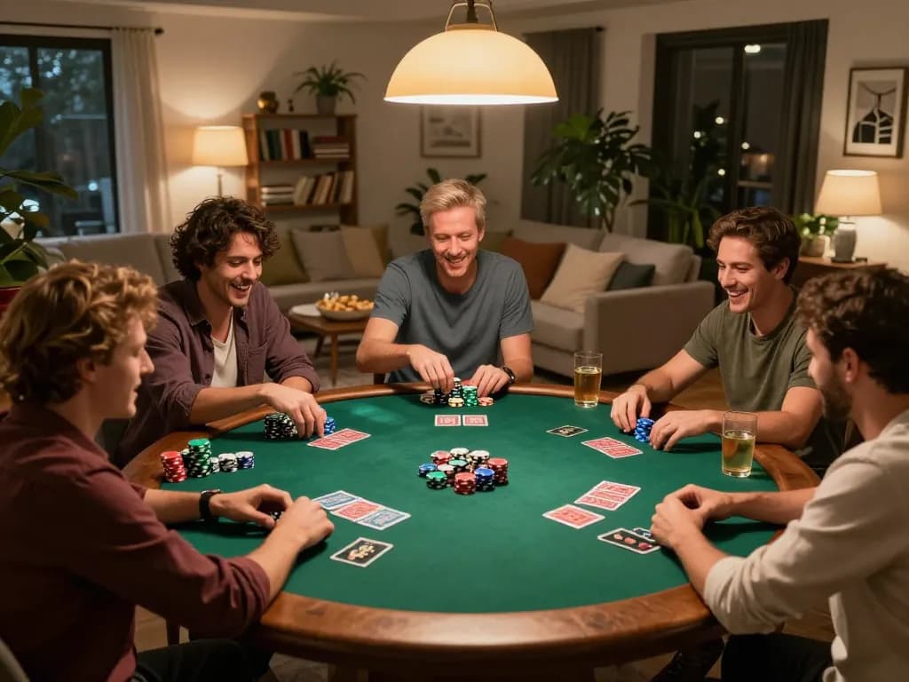Friends playing poker at home in warm ambiance, showcasing strategic gameplay at Nk88 trang chủ.