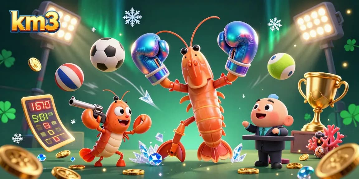 Engage in thrilling action at km3 casino with vibrant sports elements, 3D characters, and dynamic gambling excitement.