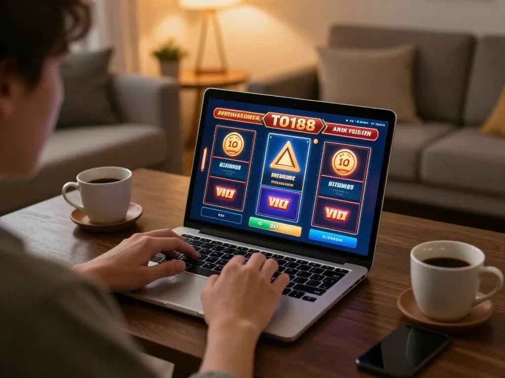 Playing slots on TO188 with a laptop in a cozy home setting, showcasing responsible gaming.