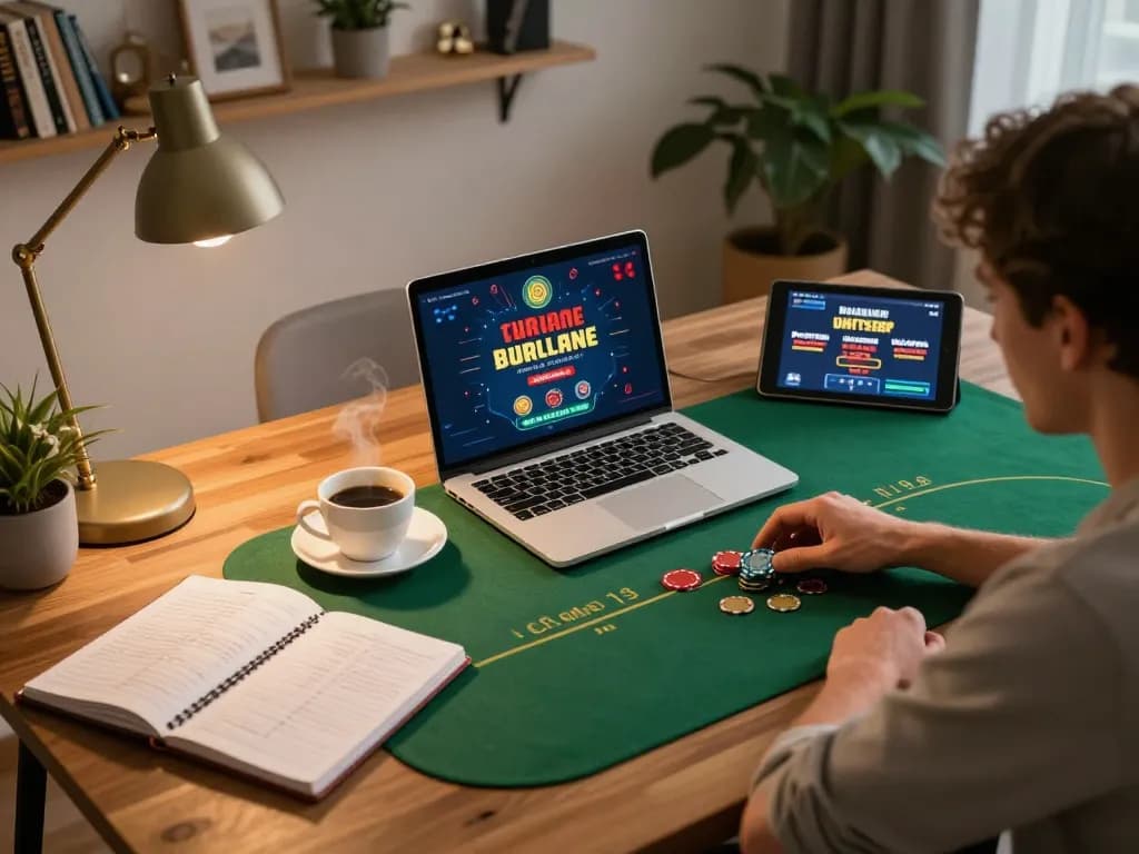 Player strategies in i9bet poker game on laptop with promotional tablet and coffee nearby