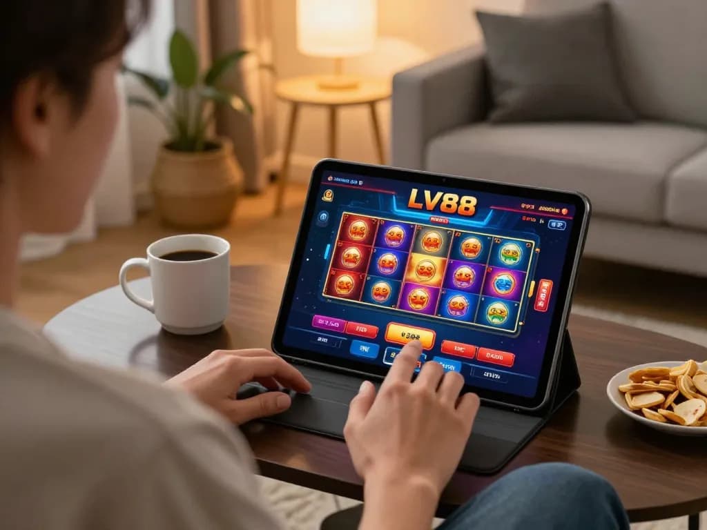 Engaged player enjoying LV88 online gaming from a cozy living room with tablet interface.