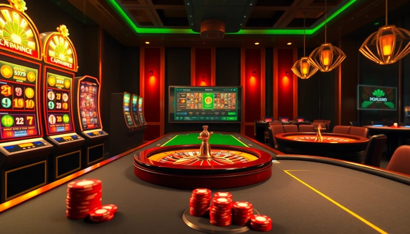 Engaging scene of a lively casino inspired by nohu90.social with vibrant slot machines and a roulette wheel.