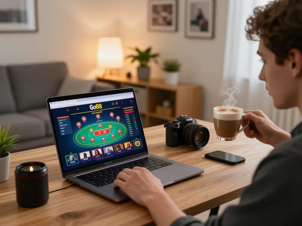 Engaging in strategic online gameplay at Go88 with a sleek laptop in a cozy home office