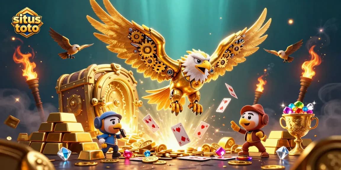 situs toto showcases a dynamic scene with a golden eagle among holographic cards and treasure elements.