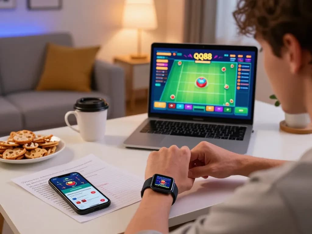Engaged player using qq88 betting app on smartphone during an exciting home gaming session.