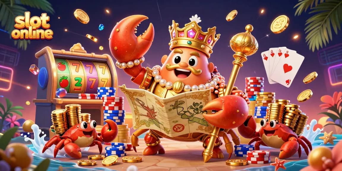 Experience the thrill of slot online gaming with a golden crab emperor and lively casino elements.