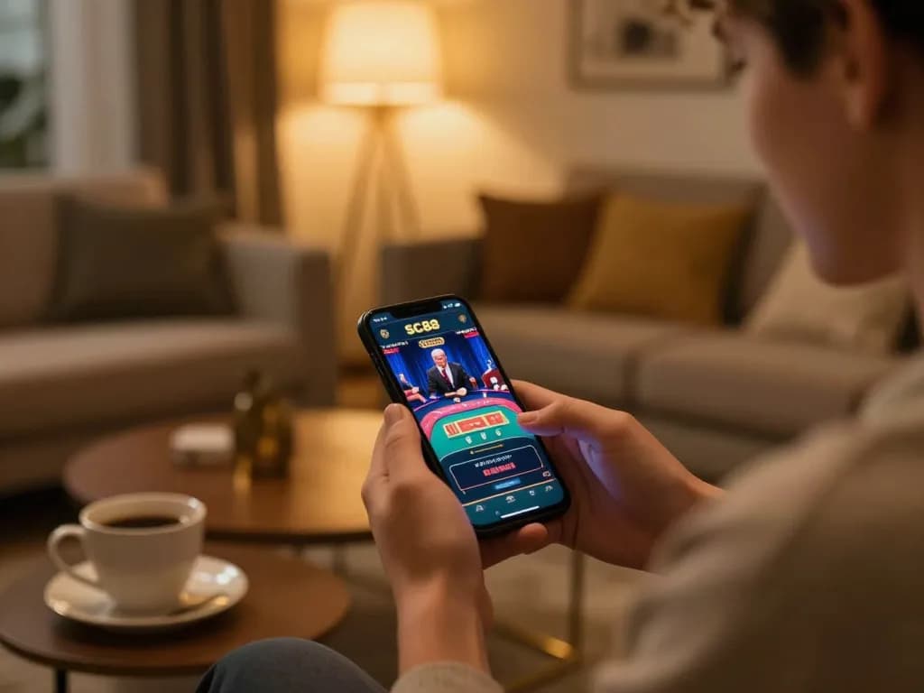 Playing SC88 online casino on smartphone in a cozy living room with modern decor.