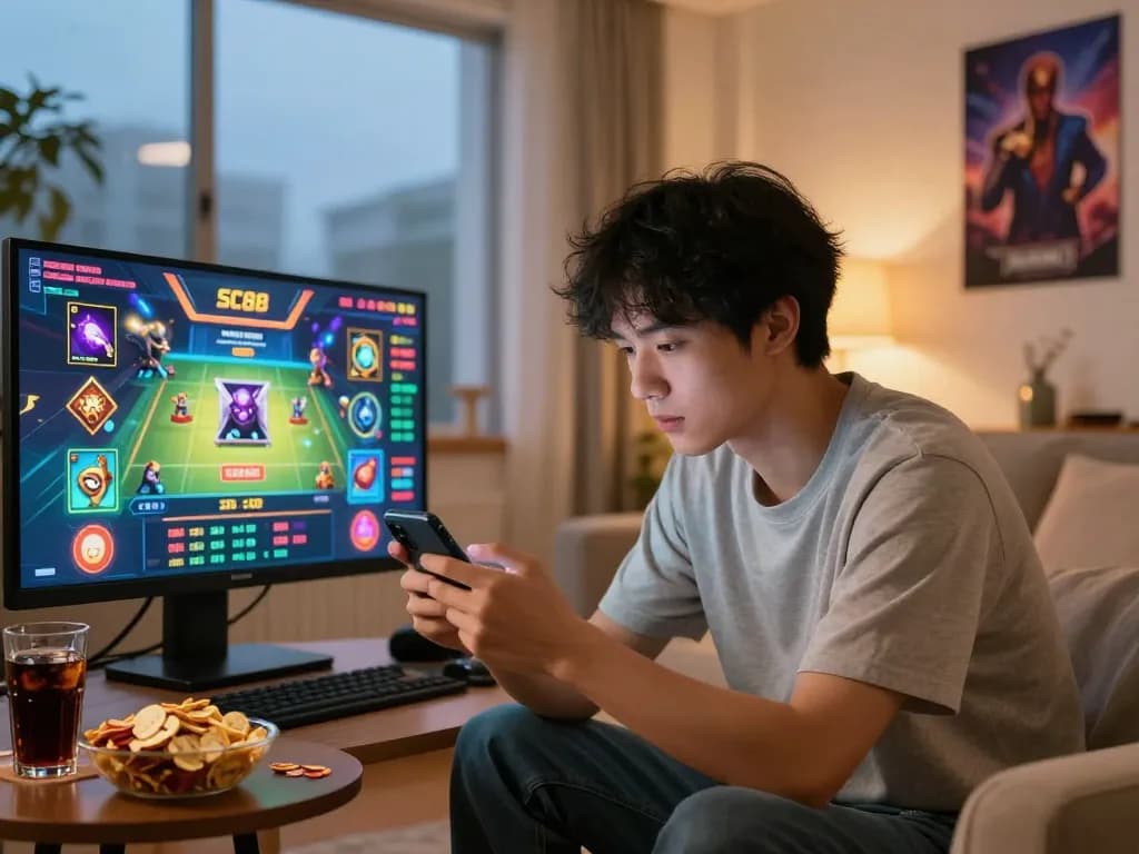 Engaged player enjoying SC88 online gaming on smartphone in vibrant home setting.