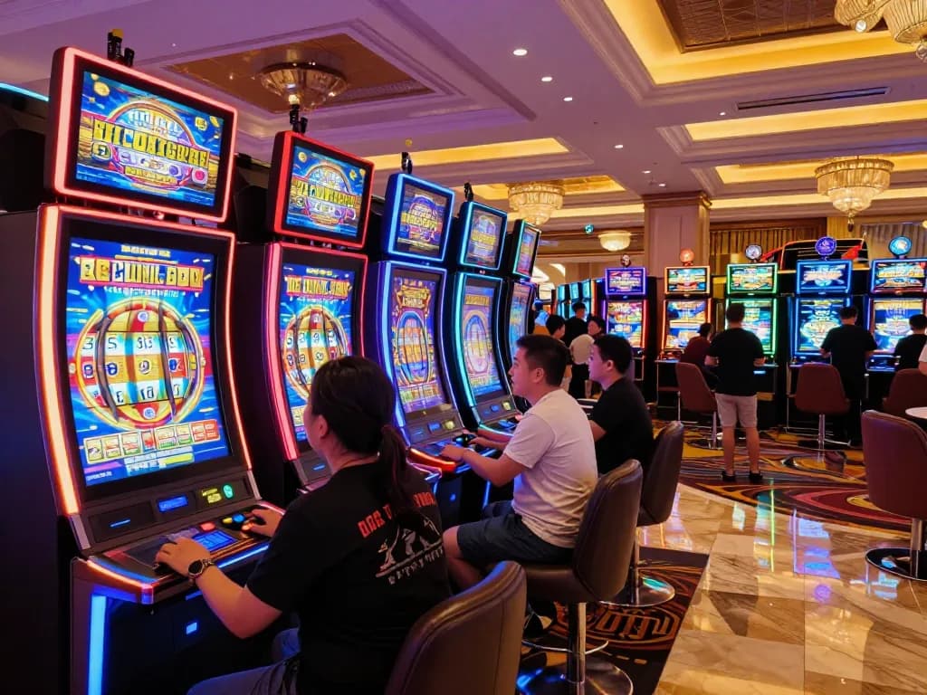 Pemain menikmati permainan slot taruhan tinggi di suasana kasino yang meriah.