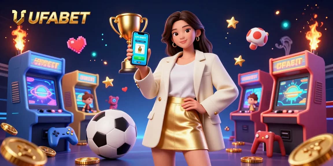 Engage in thrilling gambling experiences with UFABET, featuring a friendly Asian woman promoting sports betting on a smartphone.