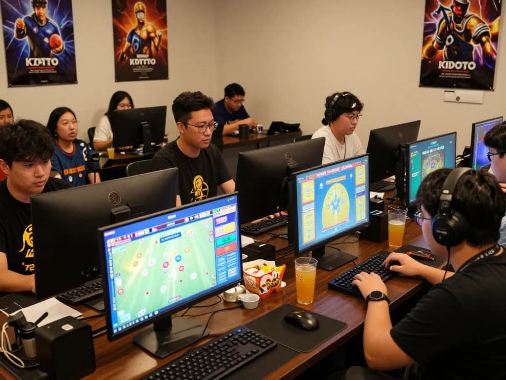 KDTOTO players enjoying an immersive online gaming experience with colorful Toto and Togel games and engaging surroundings.