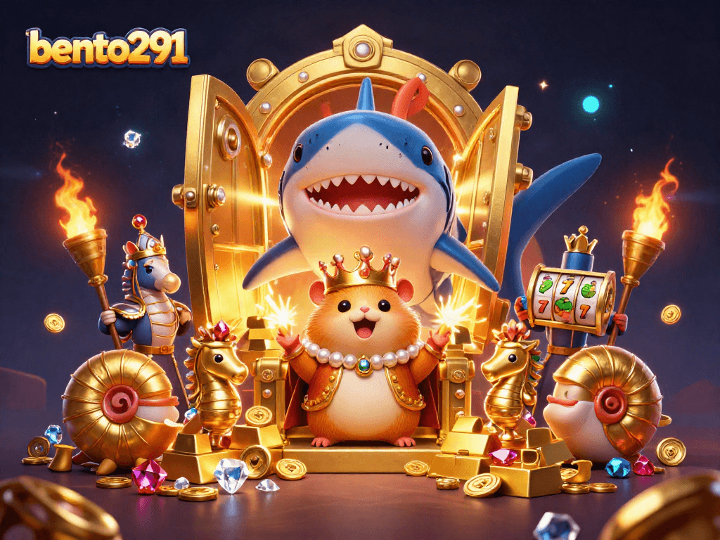 Bento291 showcases a golden hamster king and treasure in a vibrant online casino scene.