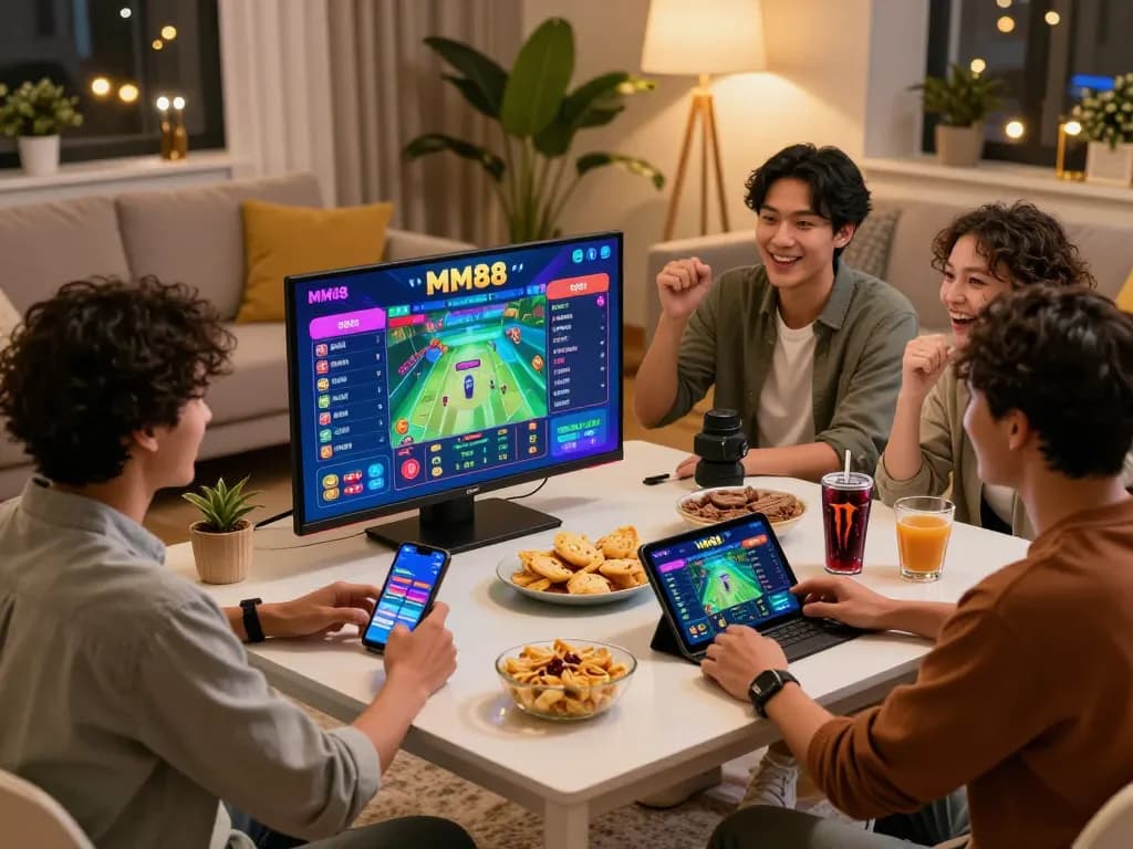 Friends enjoying a lively game night using the MM88 betting platform in a cozy living room.