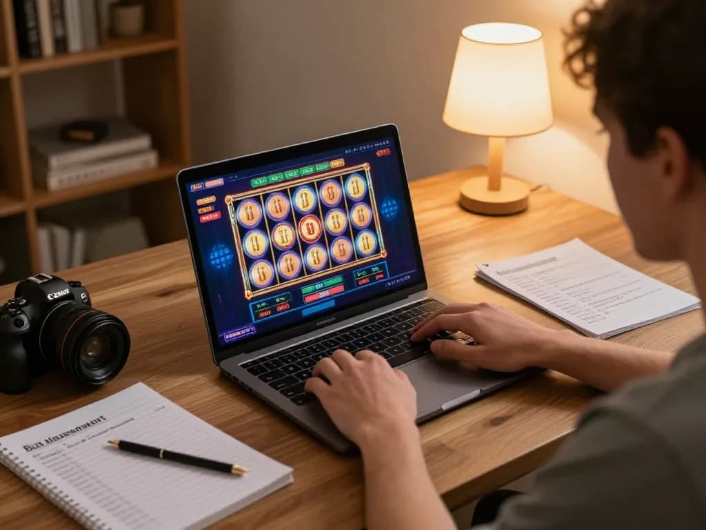Engaging gameplay on a laptop featuring Jogoluck online slots, showcasing strategy notes and a cozy home environment