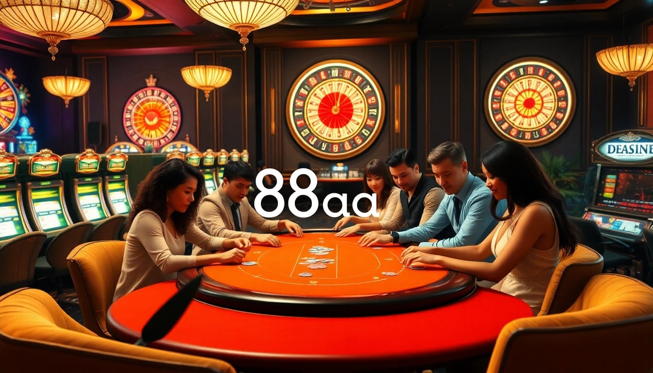 Players enjoy a vibrant poker game at a luxurious casino, showcasing the excitement of 88aa gambling.