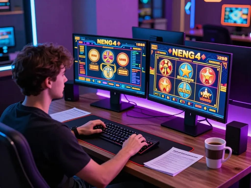 NENG4D online slot gameplay in a modern home office with vibrant graphics and strategic betting.