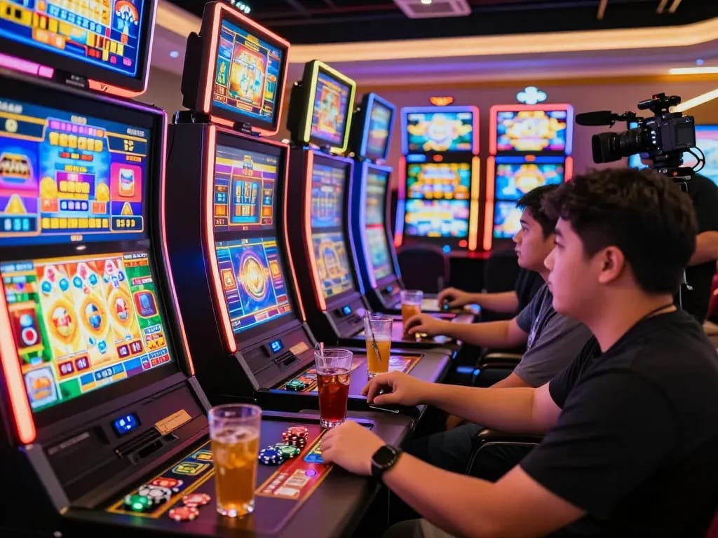 Exciting online gaming scene showcasing players at situs gacor slot machines with vibrant screens and chips.